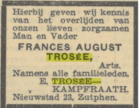 De door zijn familie geplaatste overlijdingsadvertentie in het Algemeen Handelsblad van 18 maart 1944